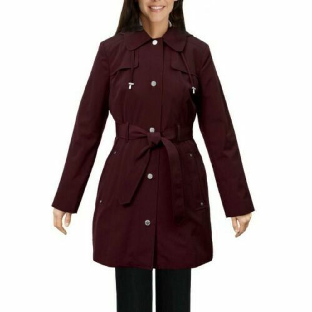 new women's London Fog Burgundy dress rain Trench Coat removable hood Medium M